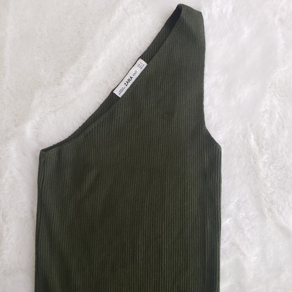 Zara Ribbed Knit One Shoulder Bodycon Mini Dress Olive Green Stretchy S - Picture 3 of 8